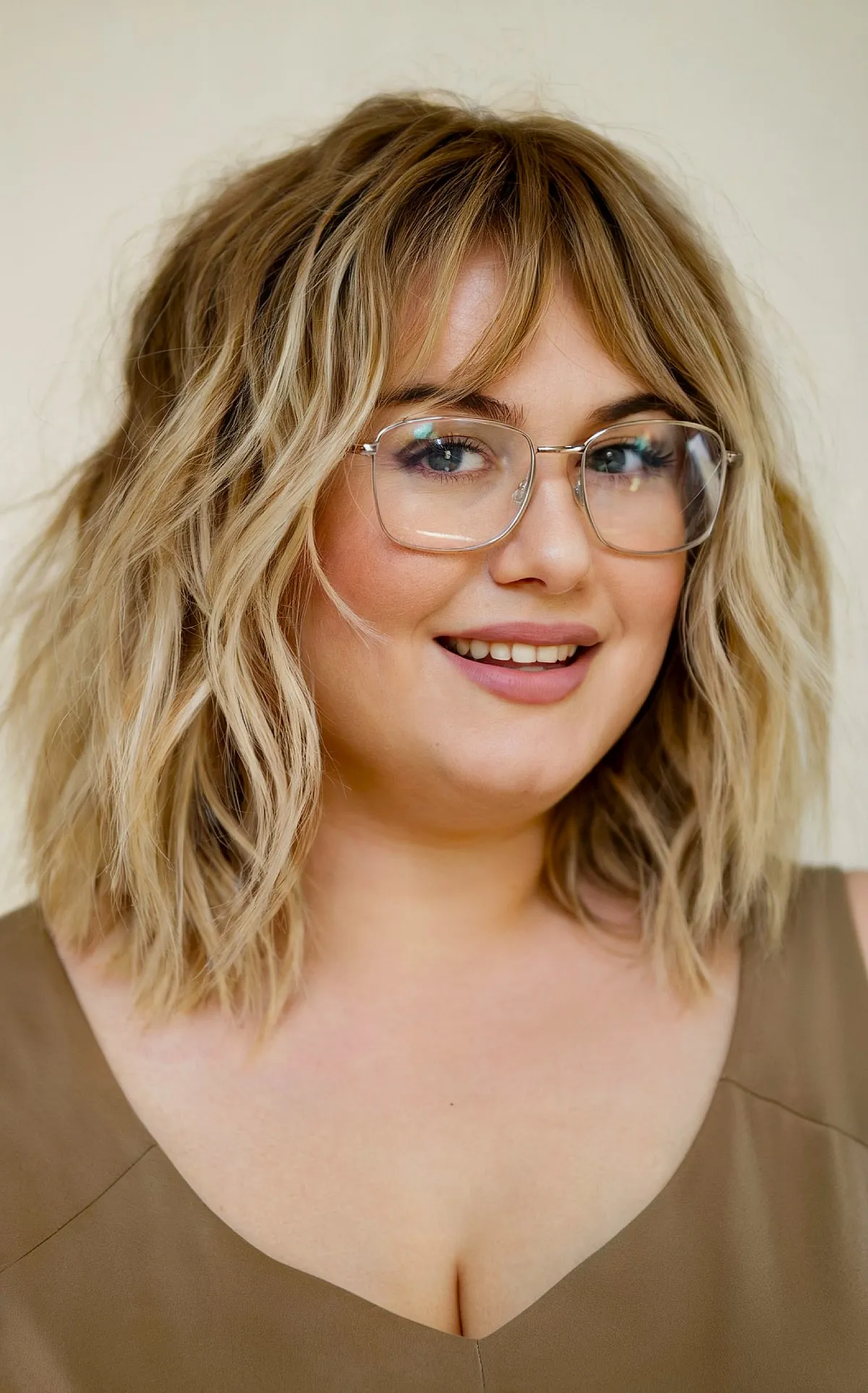 Stylish Long Wavy Bob with Bangs That Frame the Face on Full Face Shapes with Glasses