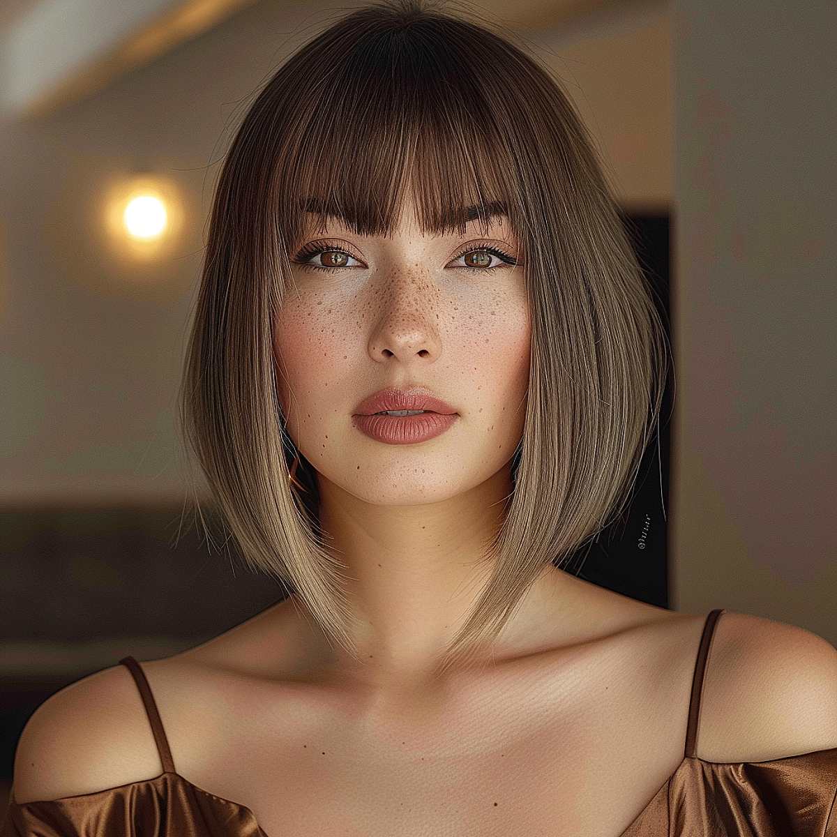 An oval face shape showcasing a trendy medium bob haircut