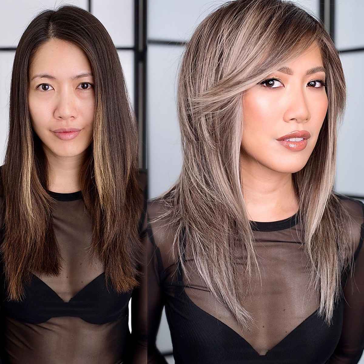 stylish medium straight hair with long side bangs and layers