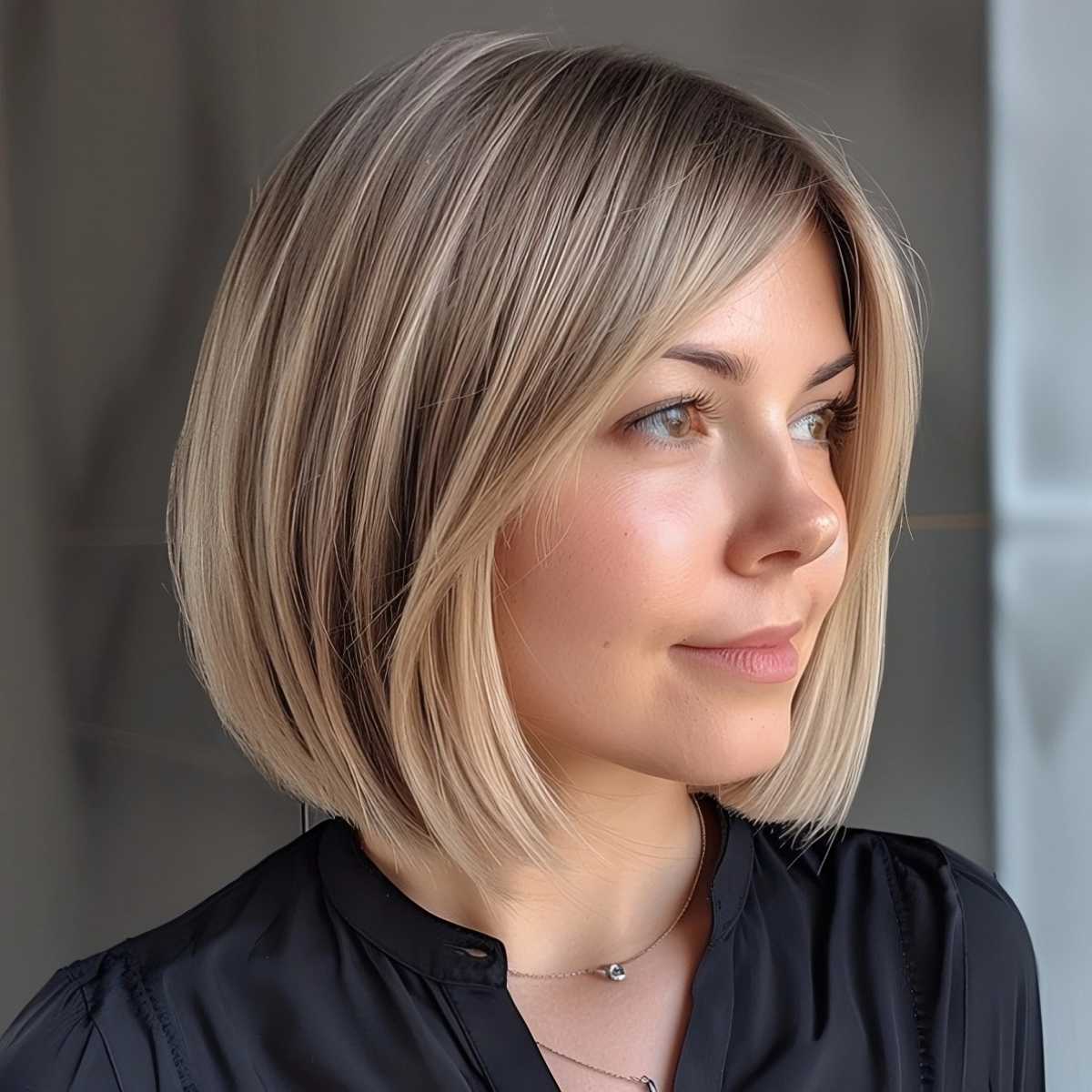 Stylish Medium Tapered Bob with Long Side-Swept Bangs and Ash Blonde Color
