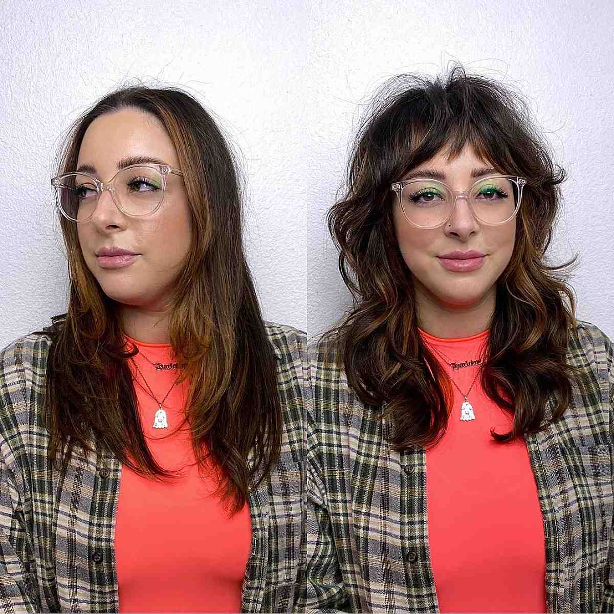 stylish medium-to-long shag cut with fringe