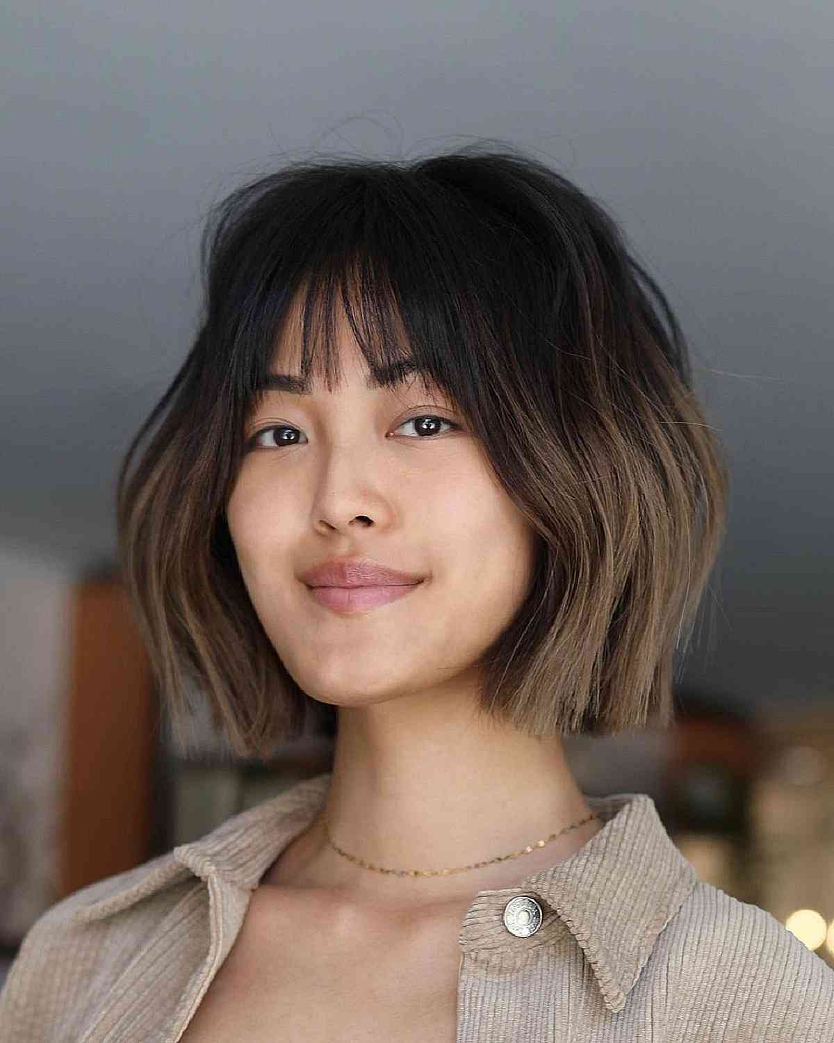 Chic Neck-Length Blunt Cut with Wispy Light Bangs