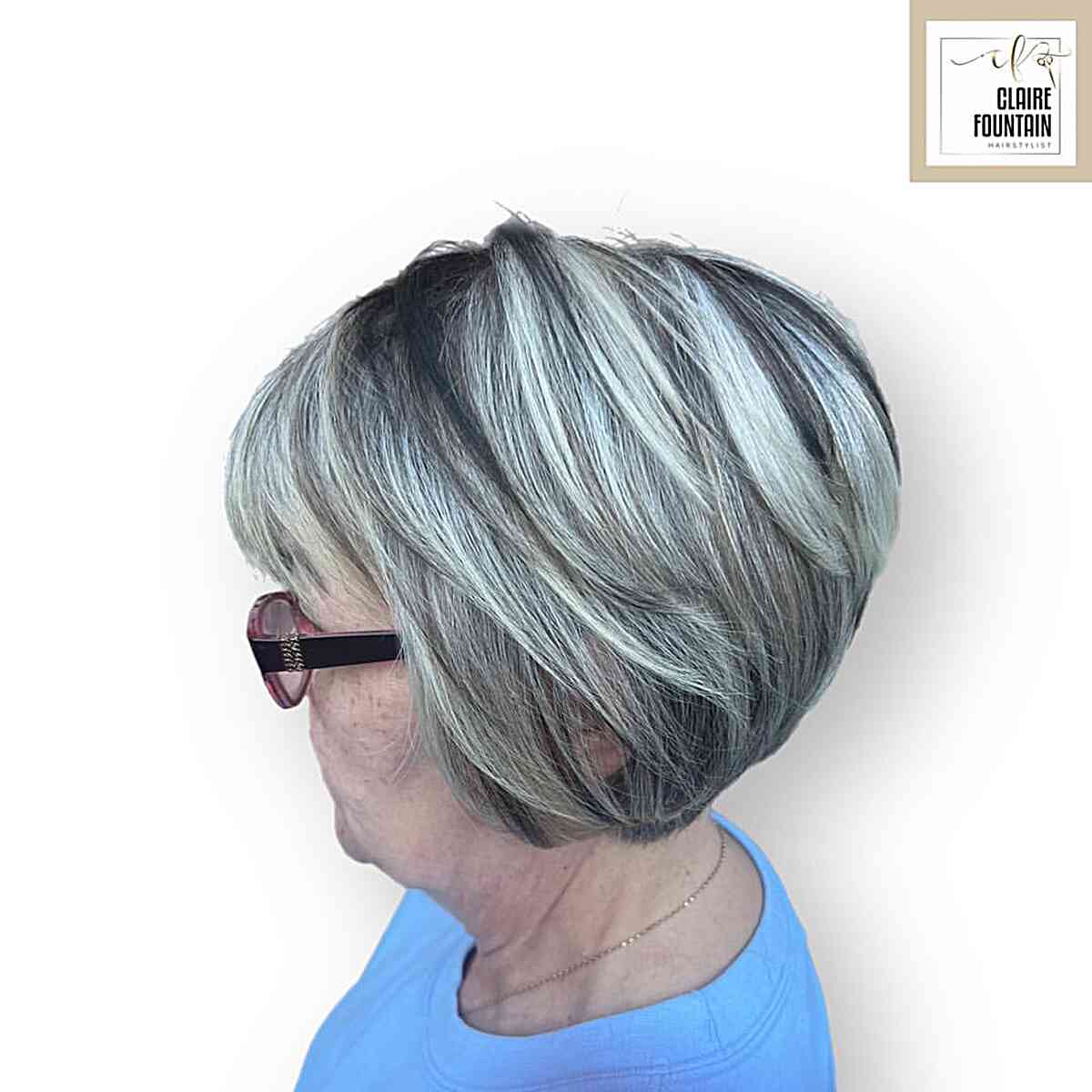 Stylish Salt and Pepper Graduated Bixie for an Older Woman aged 60