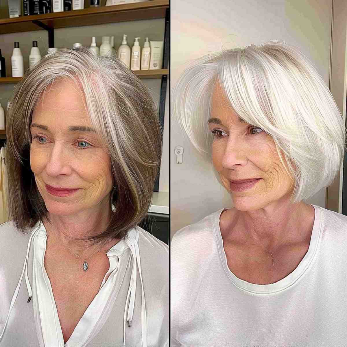 Short layered silver blend bob for mature women