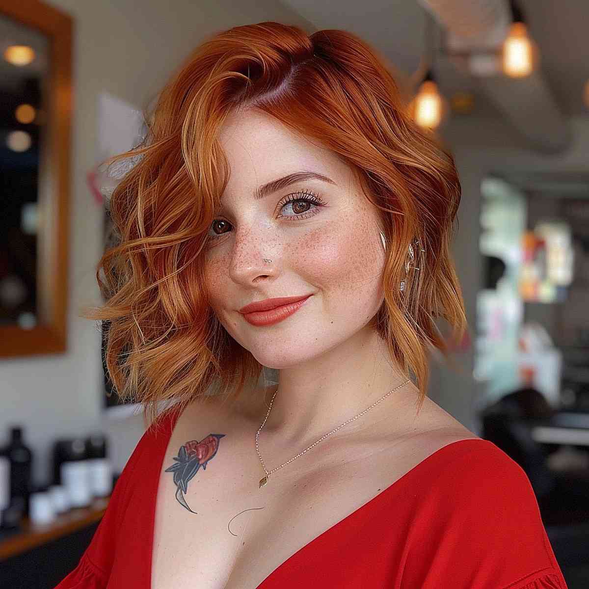 Trendy Short Wavy Balayage Copper Red Hair