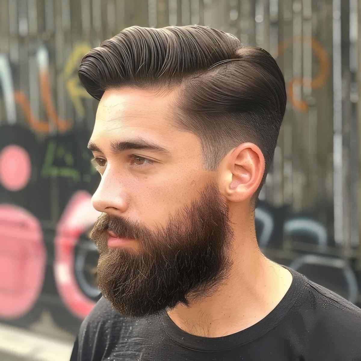 Stylish Side Parted Pompadour with facial hair