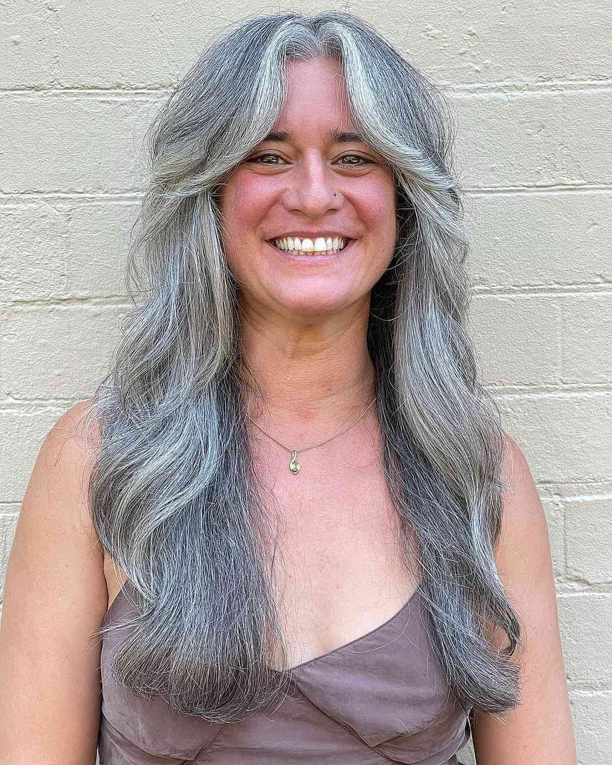 Elegant Middle Part Silver Long Hair for Women Over Forty