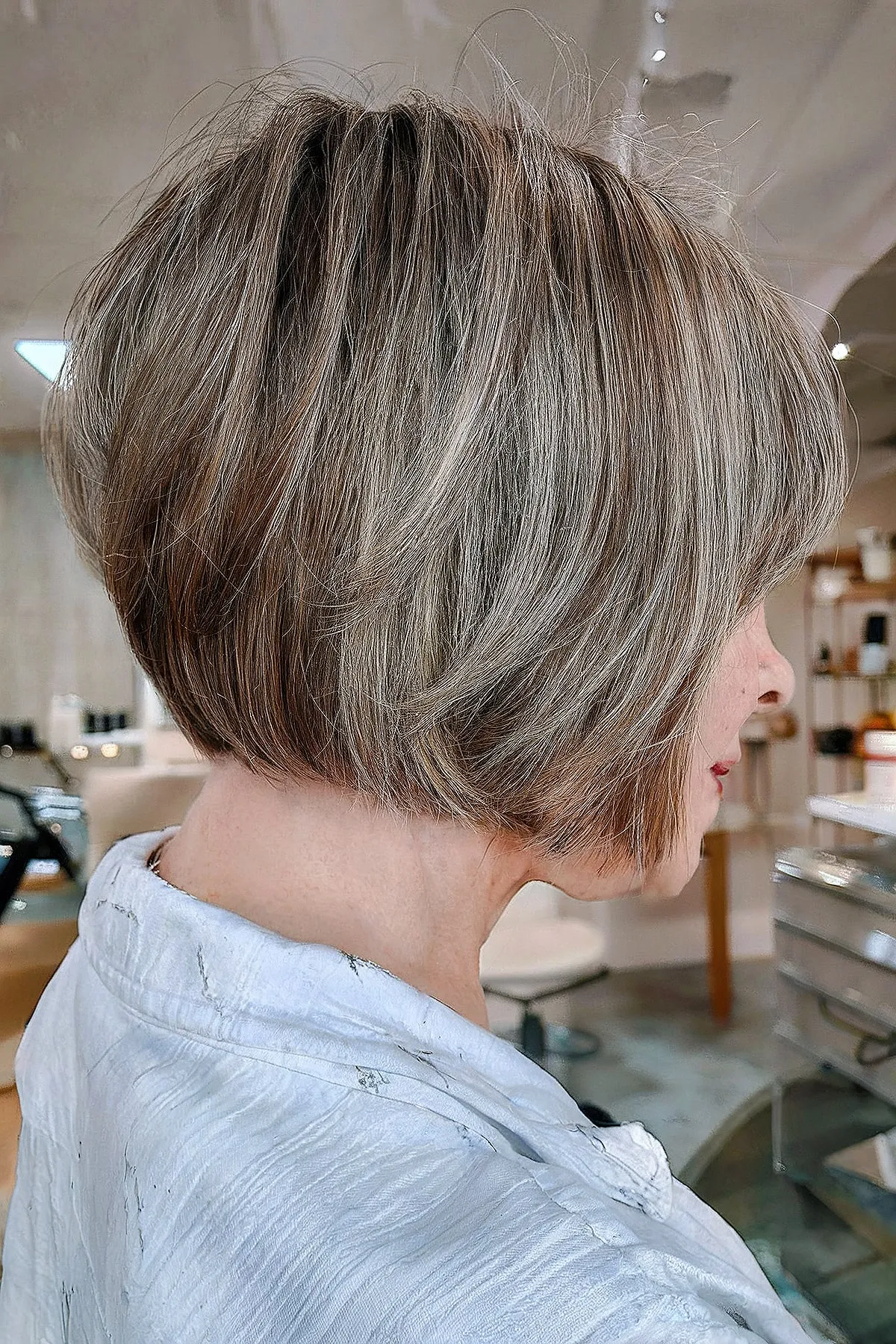 Stylish Stacked Bob in Natural Hair Hue and Layers for older women