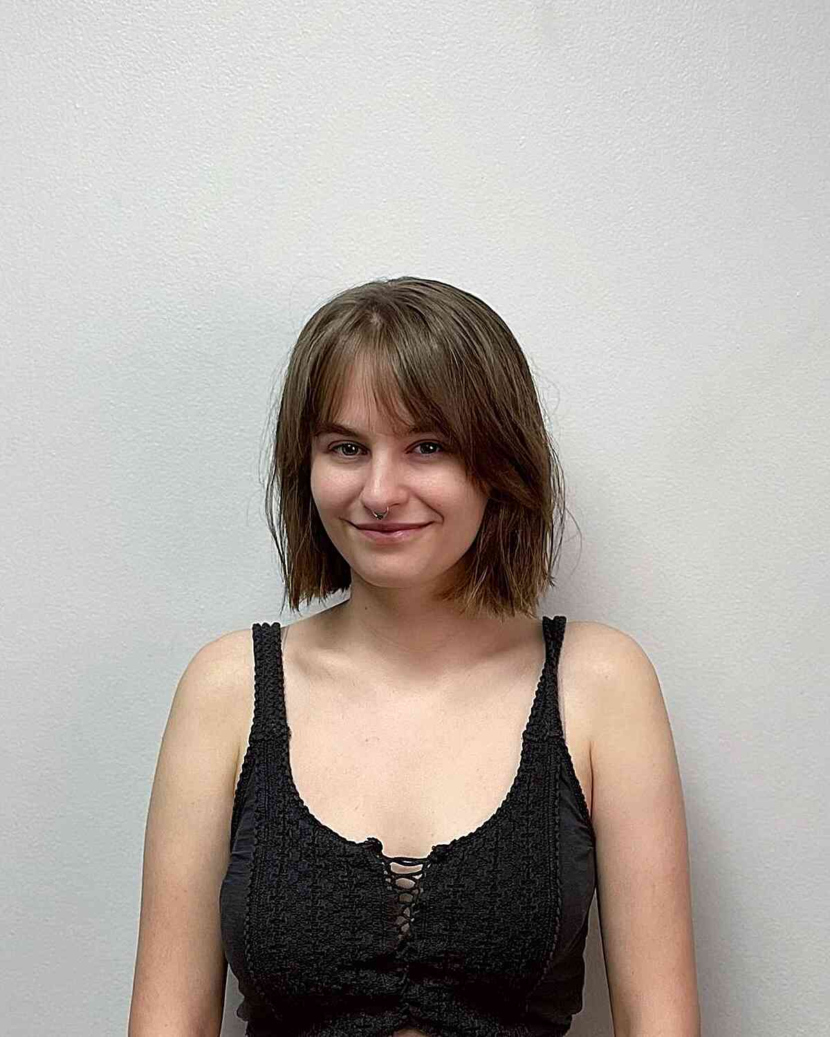 Neck-Length Textured Choppy Bob with Transparent Long Bangs