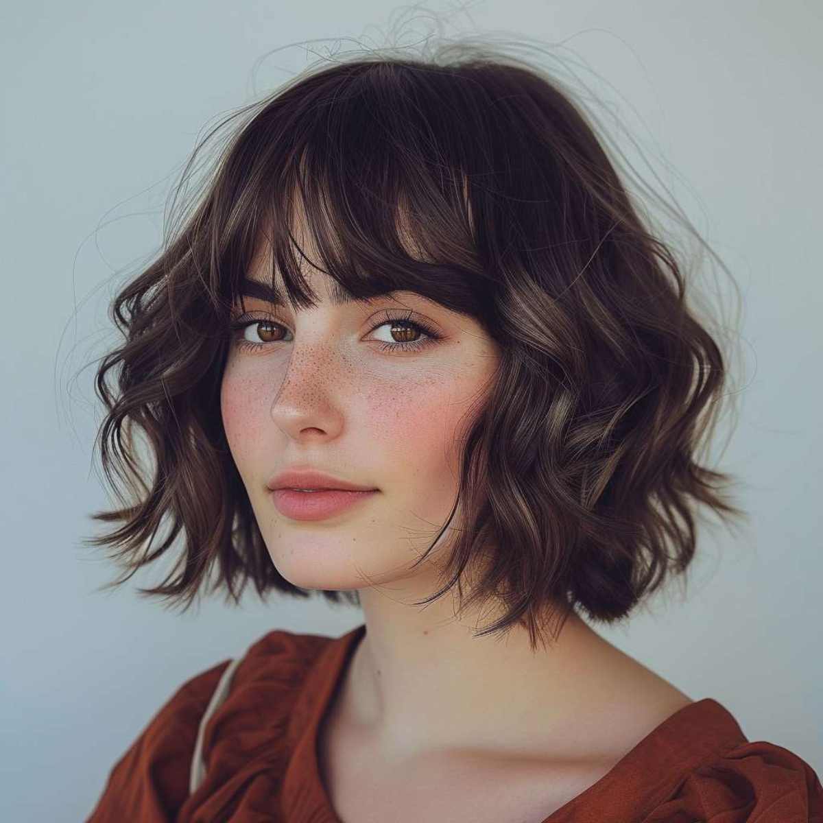 Stylish Textured Cut with Choppy Bangs and Wavy Locks