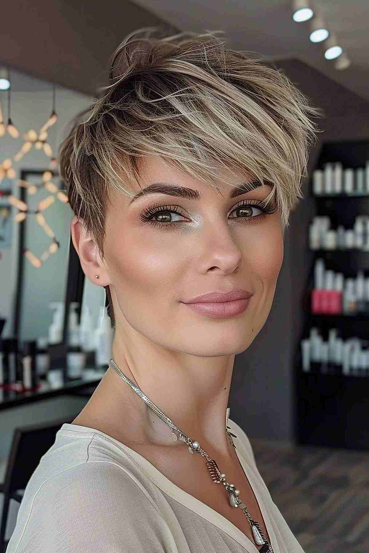 Textured pixie for women with a square face structure