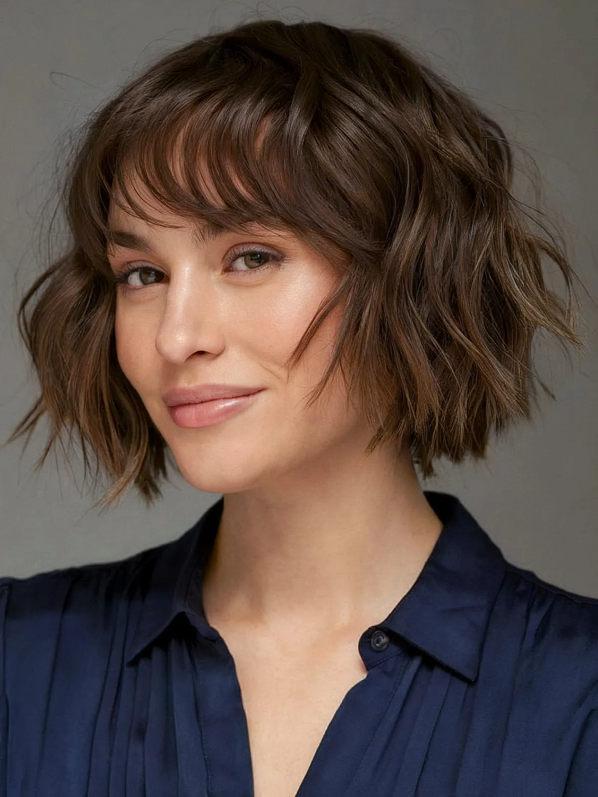 Chin-Length Textured Short Bob with Waves and Bangs
