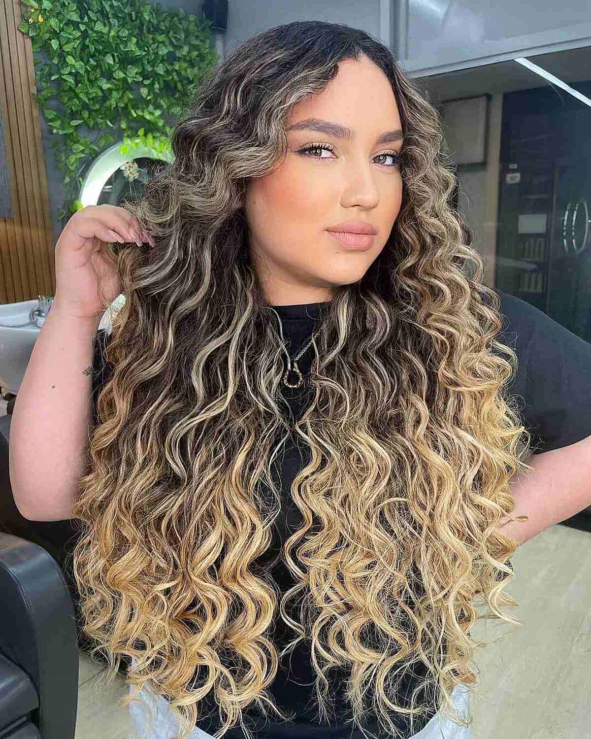 Stylish Long Waist-Length Curls with Blonde Ombre