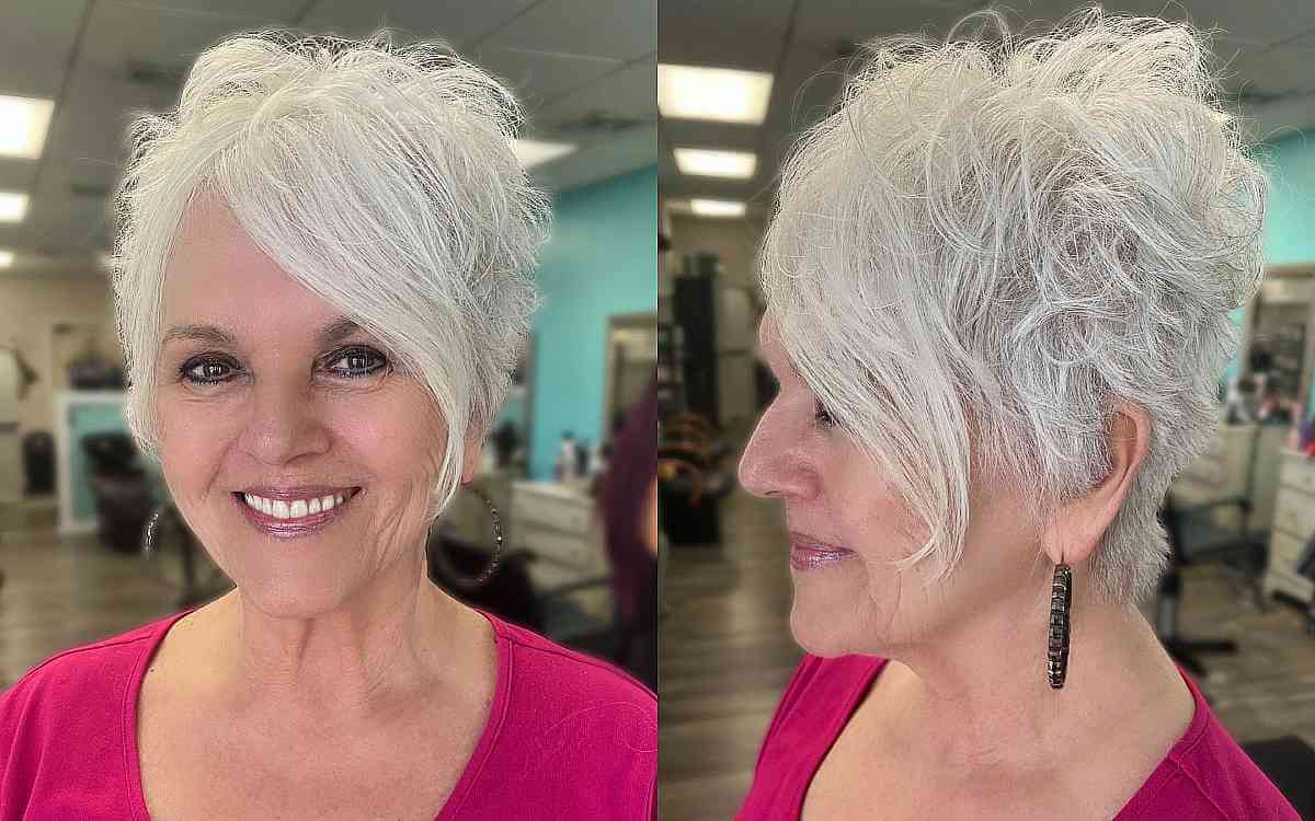 Stylish White Blonde Pixie with Extended Fringe