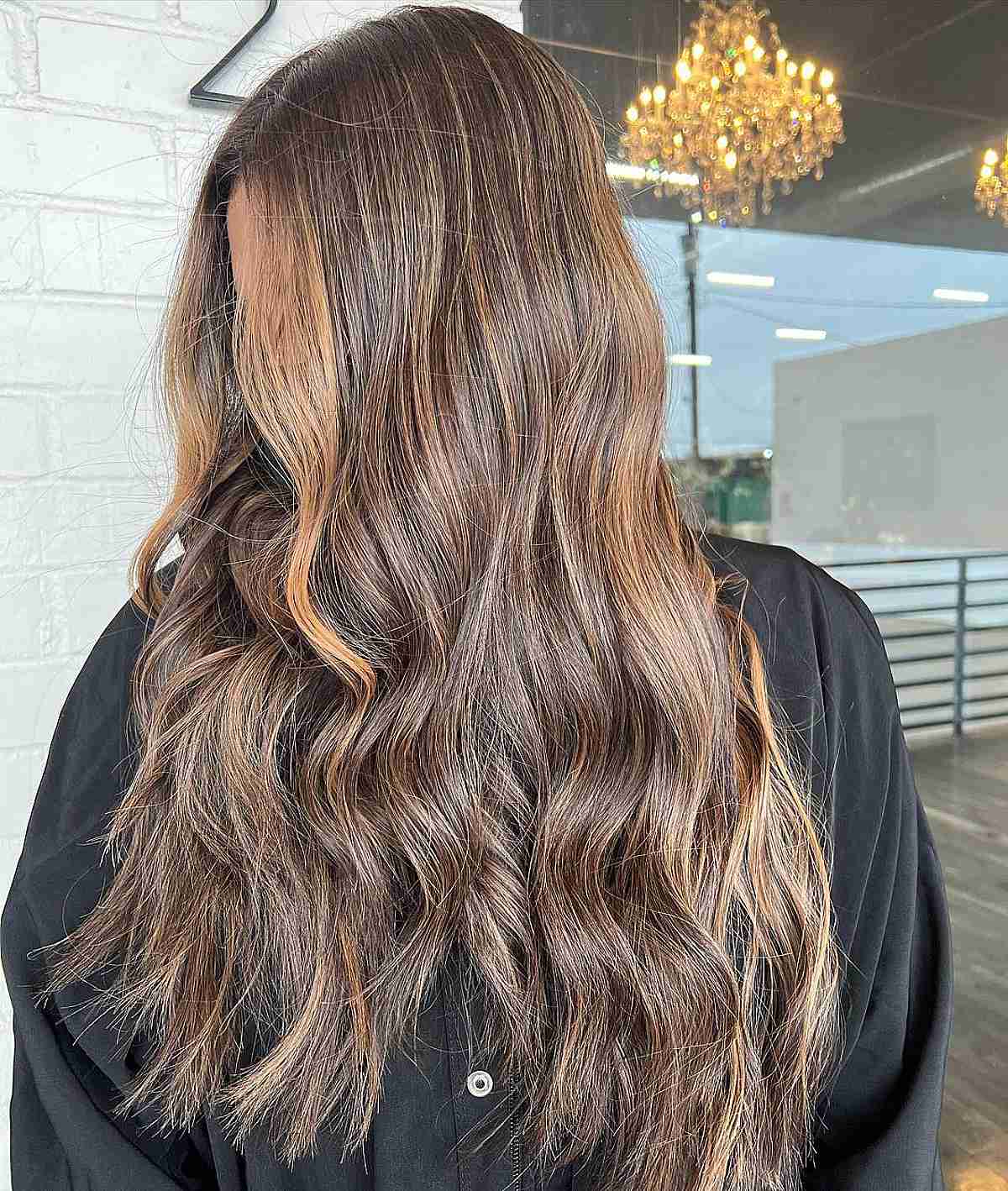 Subtle Caramel Balayage on Soft Brown Hair with Highlights for Long-Length Cut with Jagged Ends