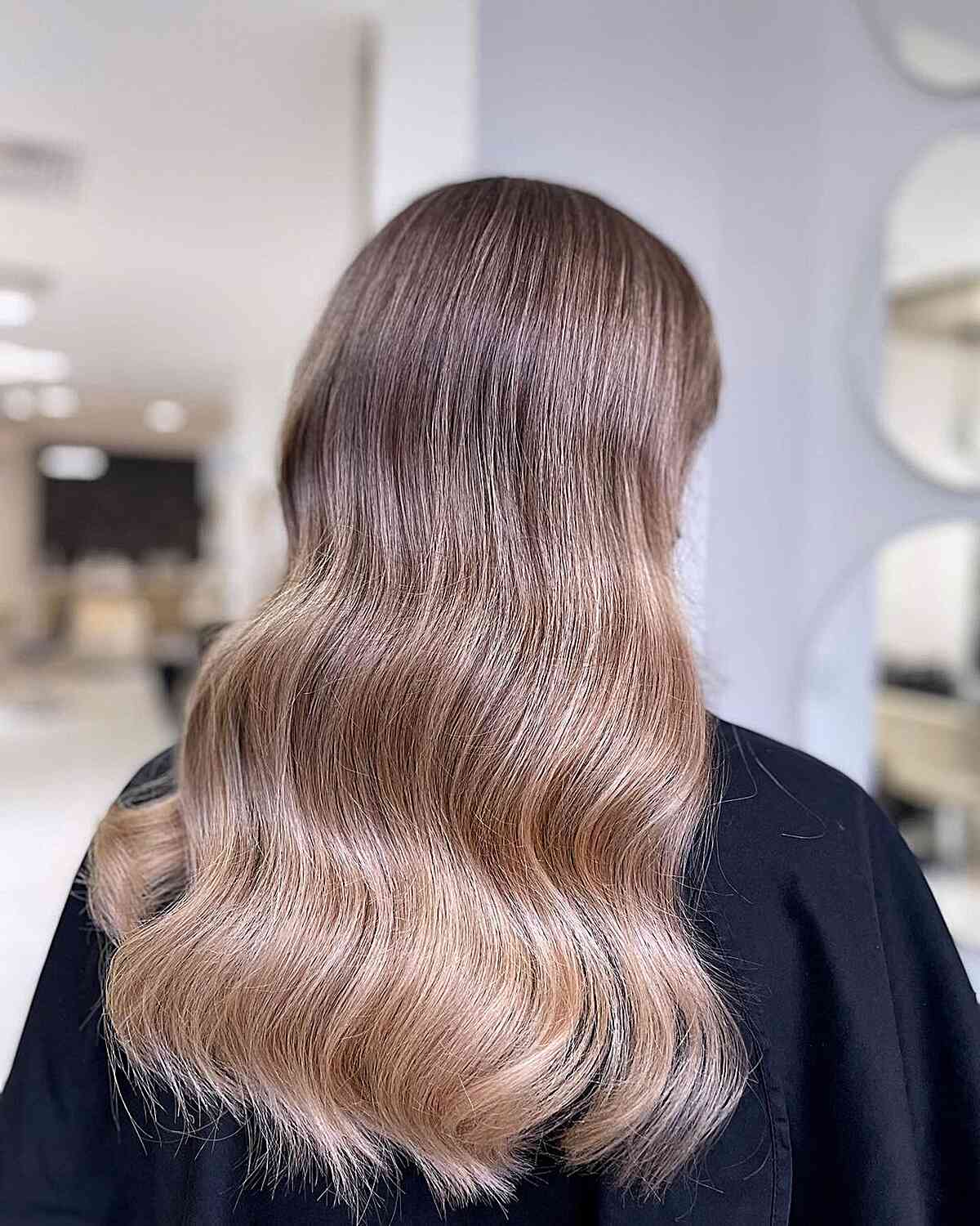Delicate Light Honey Blonde Balayage Babylights with Dark Long Soft Waves