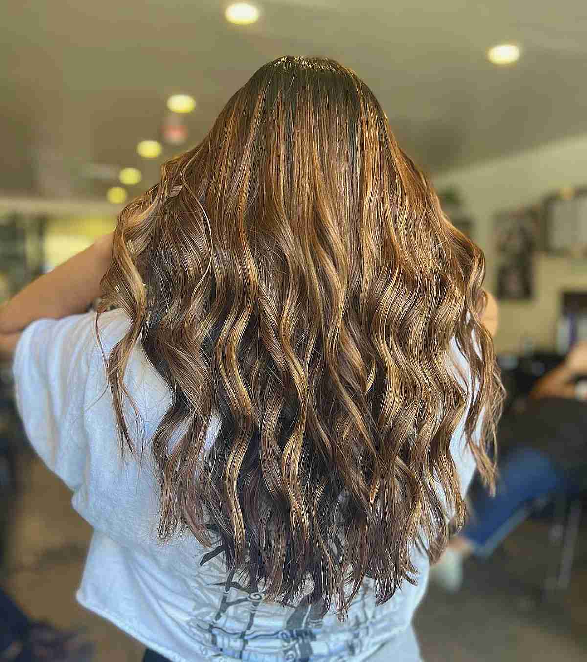 Brown Warm-Toned Caramel Balayage Hair with Soft Waves