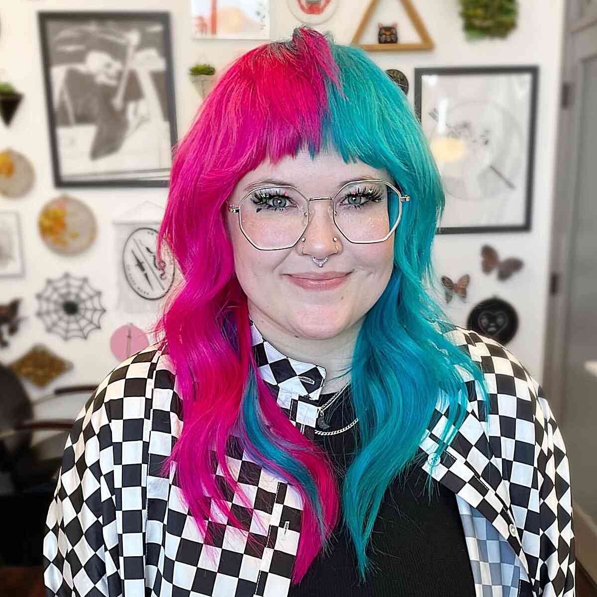 Teal and Pink Shag Hair Color Inspiration for glasses wearers