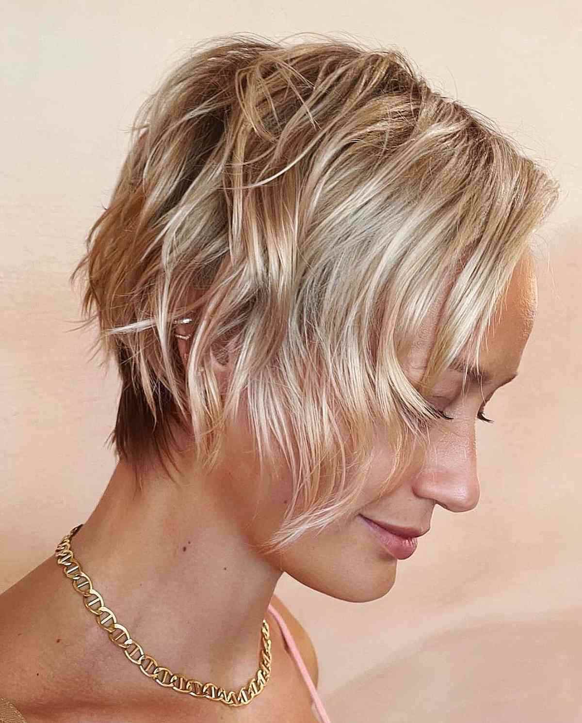 Wavy gender neutral tousled blonde bob with dark underlayers