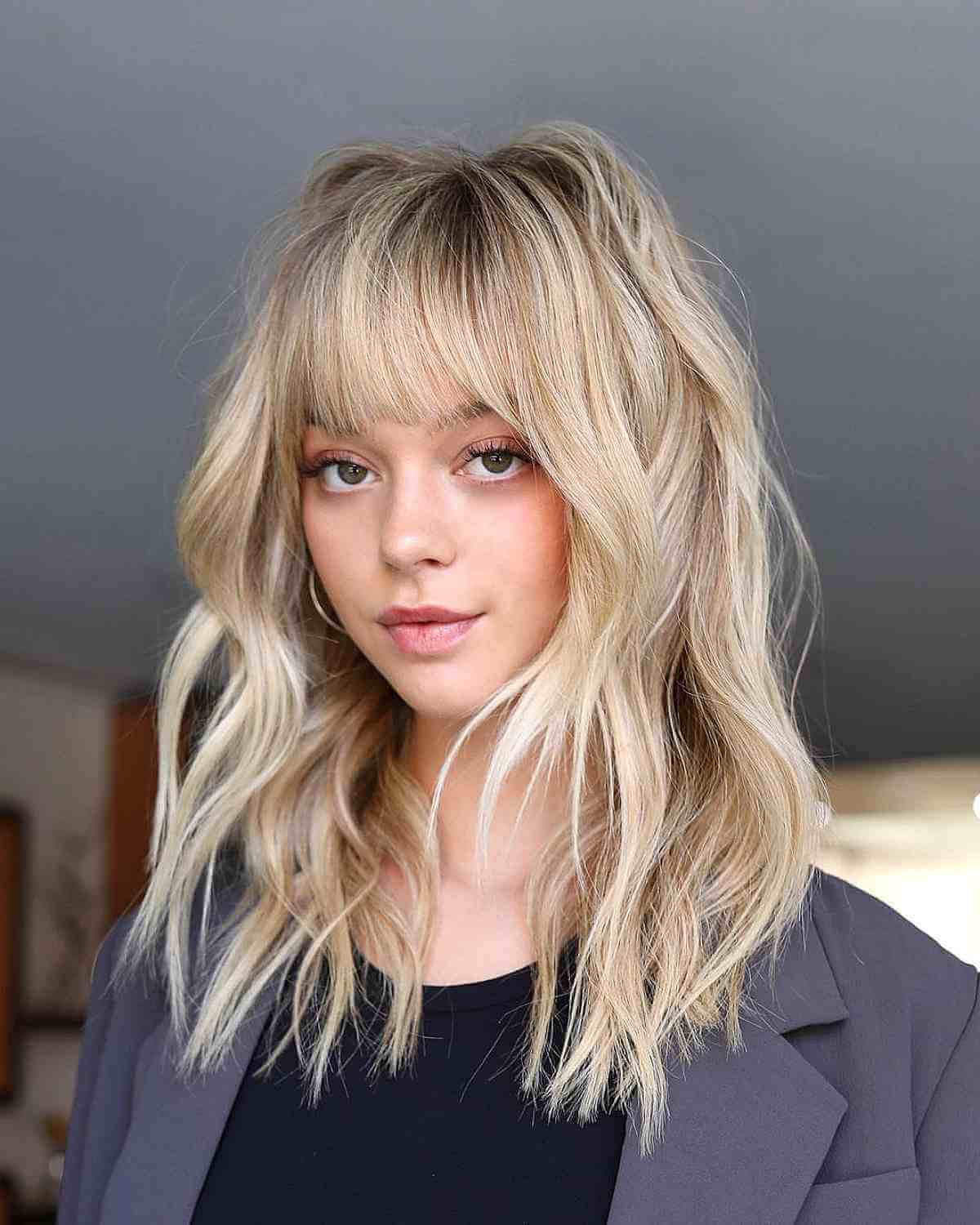 Medium Textured Blonde Hair with Dark Roots for Fine Hair