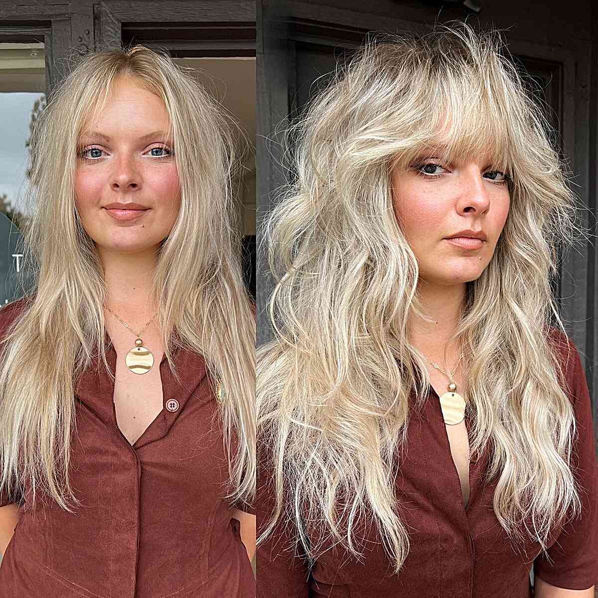 Stylish Blonde Shag with Ample Volume and Bangs for Thin Hair