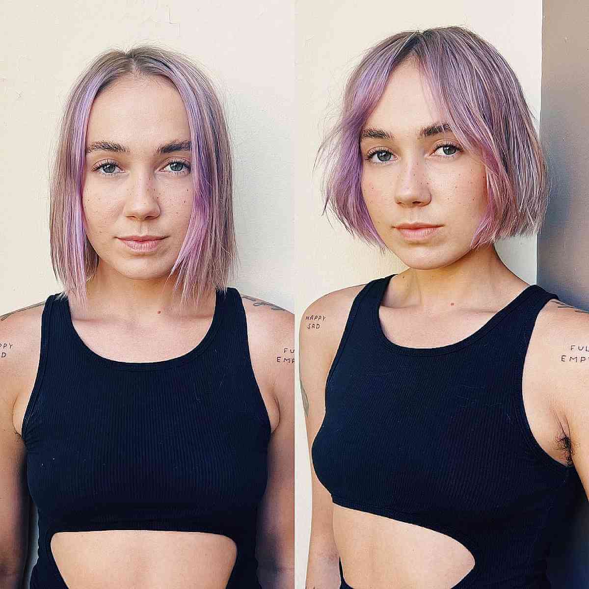 Short Textured Choppy and Blunt Bob with Violet Highlights