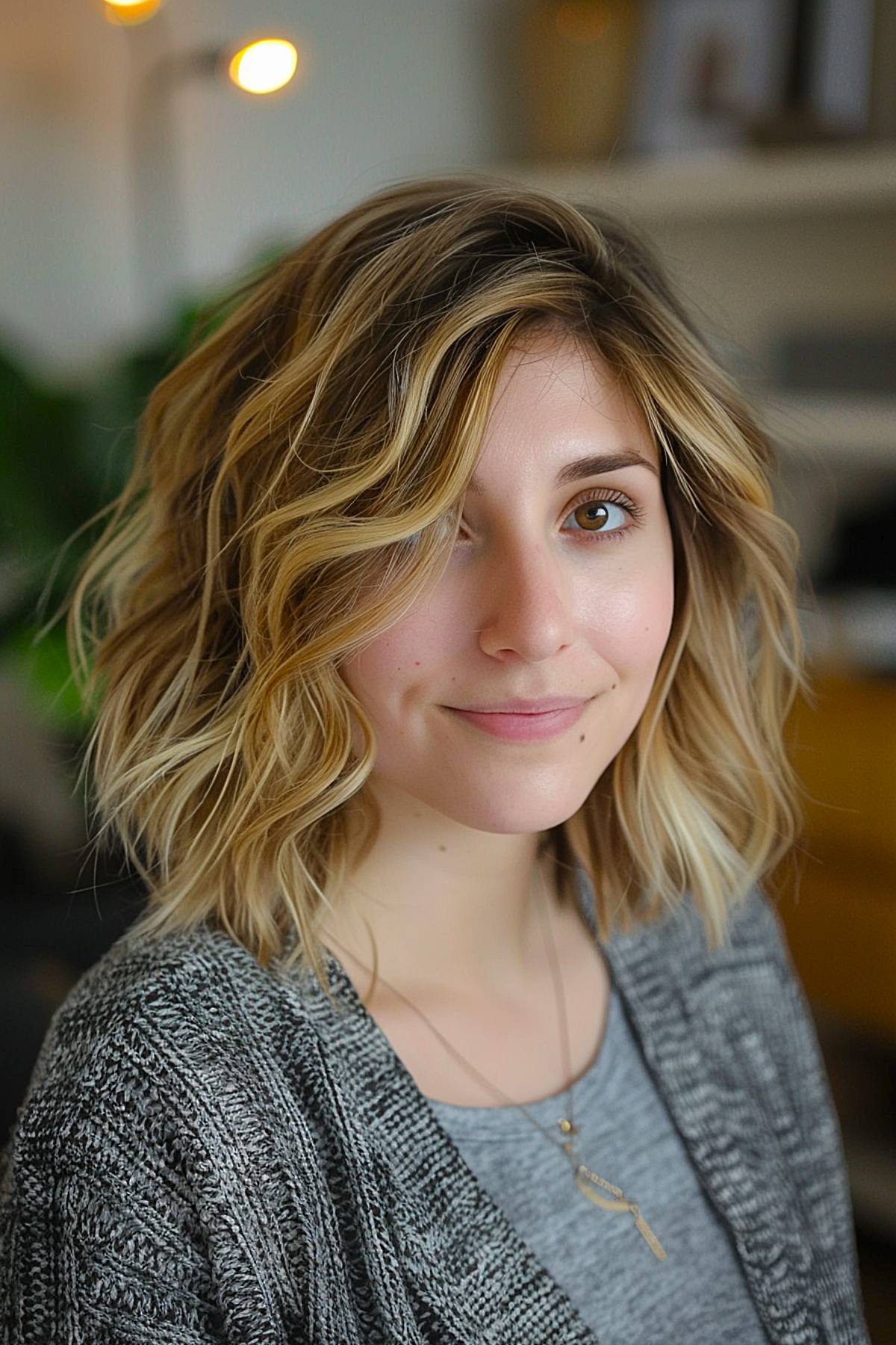 Textured bob with golden highlights for thin hair