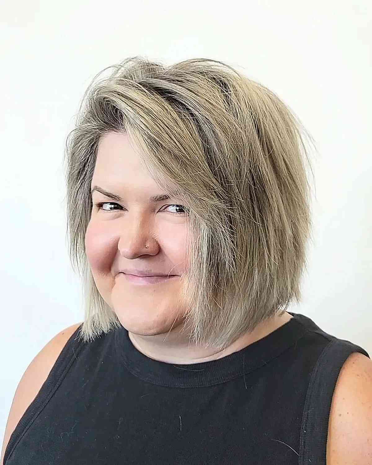 Textured Bob Blended with Grey for Overweight Women
