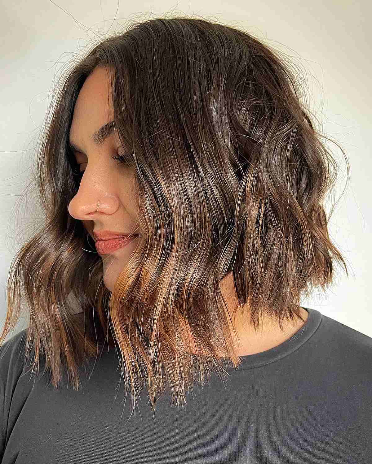 Textured choppy bob haircut shoulder-length