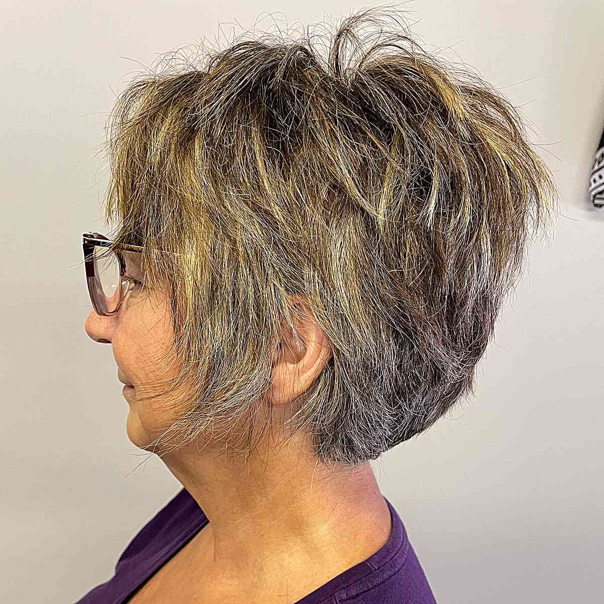 Textured Choppy Pixie Bob with Short Layers on Women Over 60 with Glasses