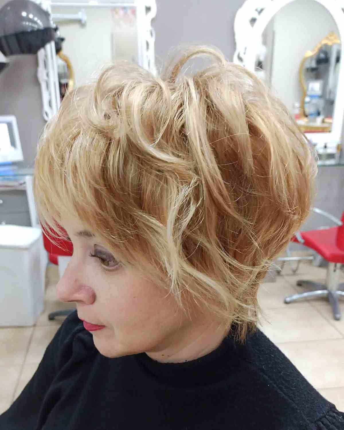 Textured Fluffy Pixie with Feathered Layers for Older Women with Lush Hair