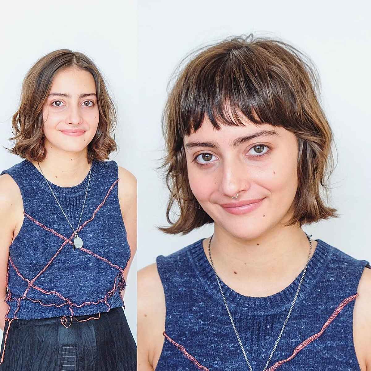 textured french bob with baby bangs for fine hair