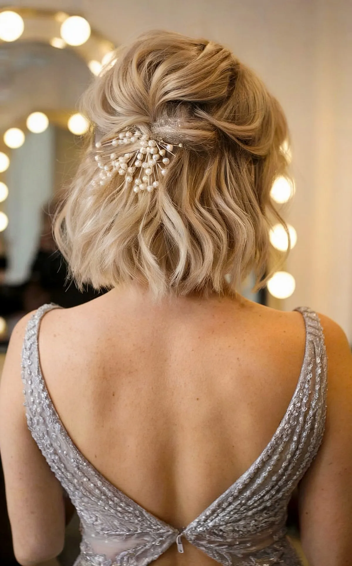 Textured Half-Up Short Style with Pearl Pins for Prom