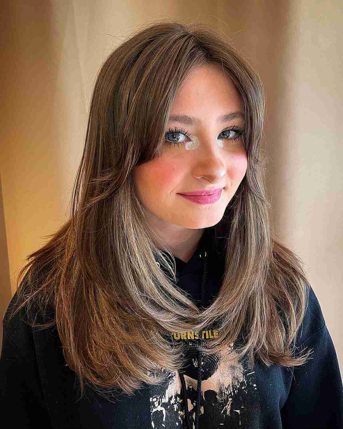 Textured Layered Cut with Long Side Curtain Bangs for Straight Thick Hair