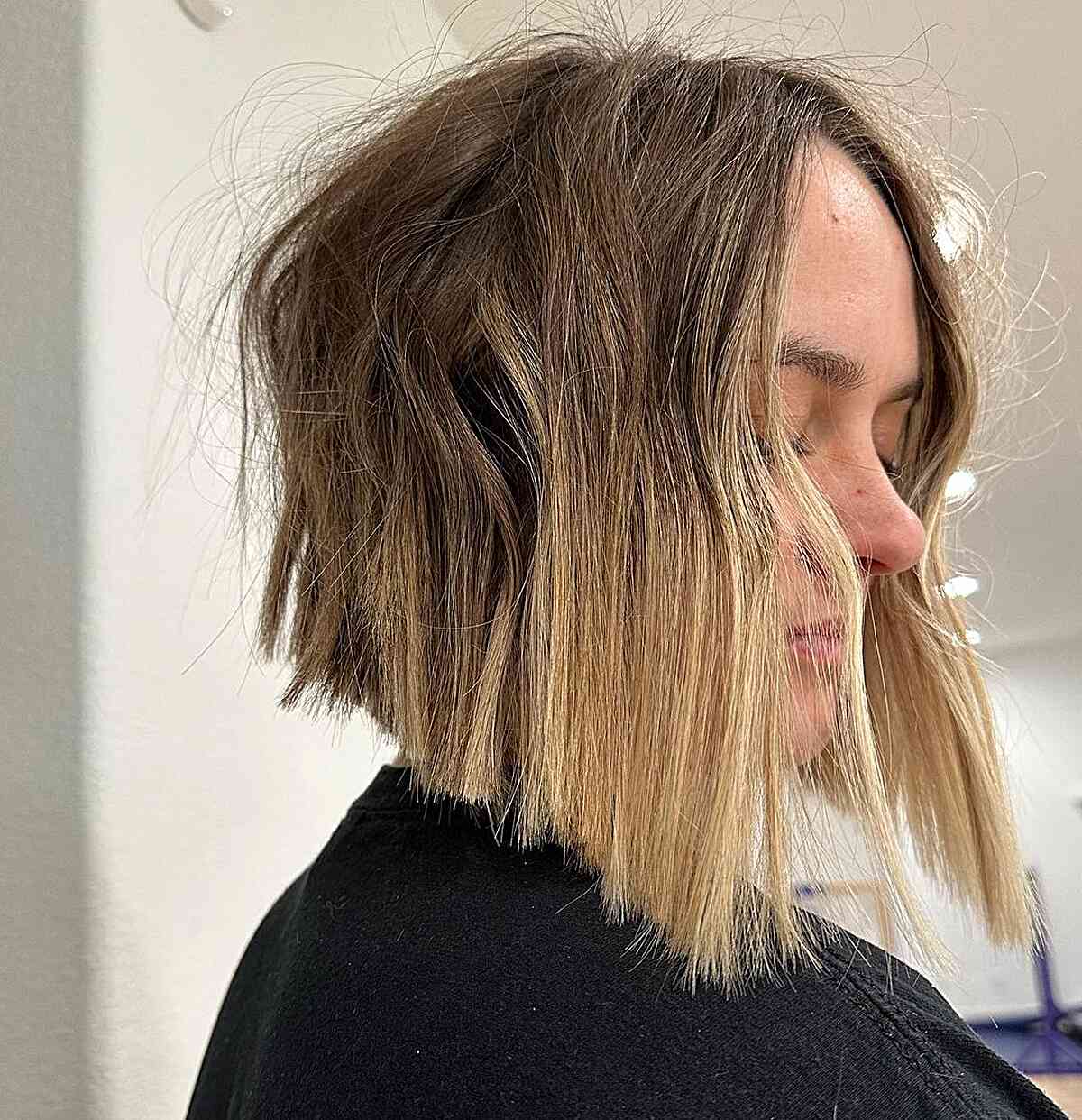 Textured Inverted Choppy Lob with Angled Layers and Bronde Ombre