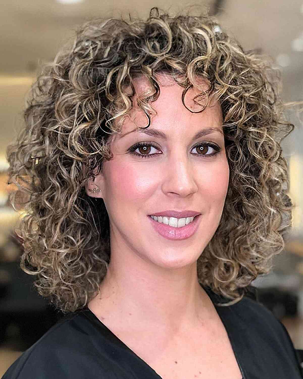 Curly Lob with Bangs and Highlights