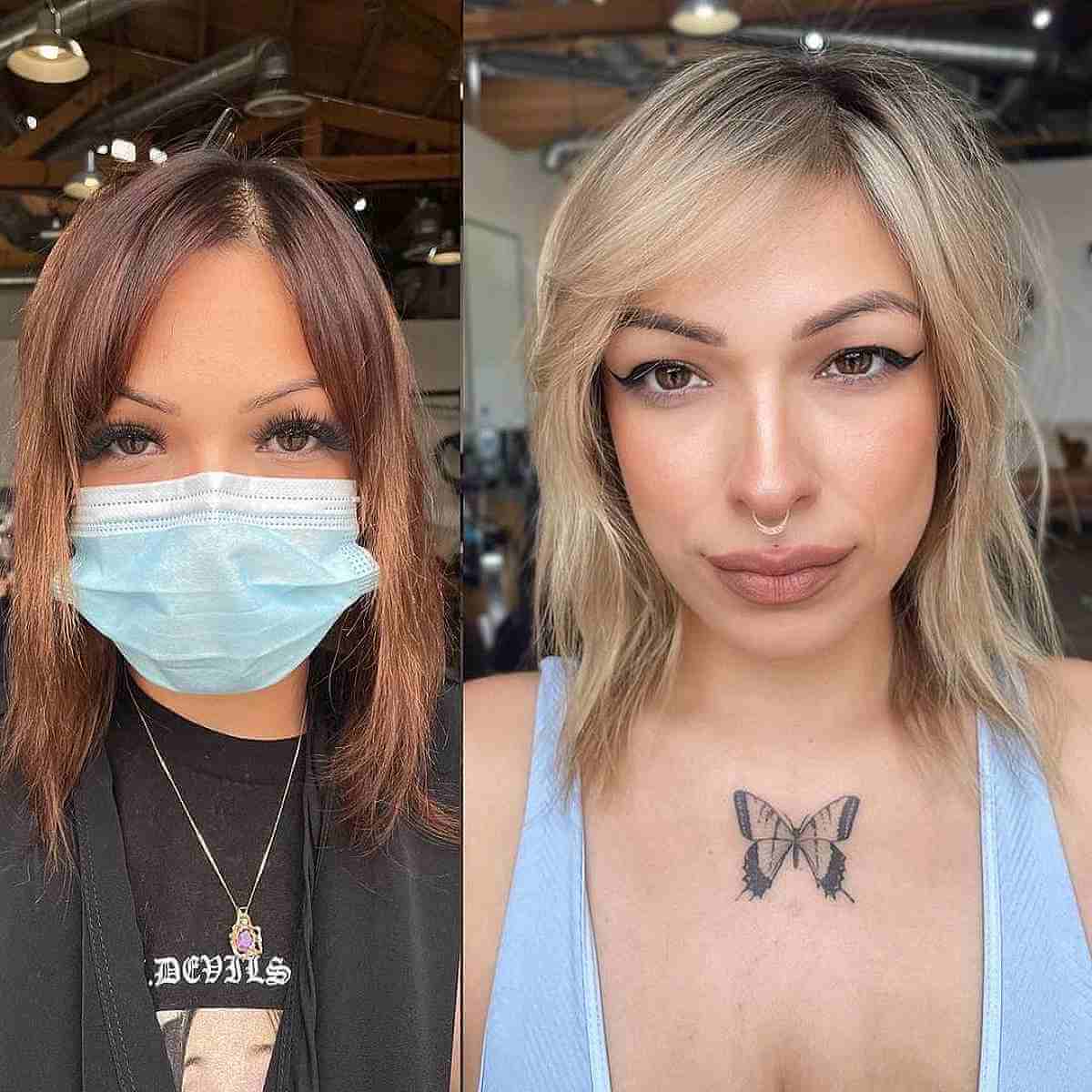 Textured Long Bob with Layered Chops and Side Bangs for Round Face Shapes