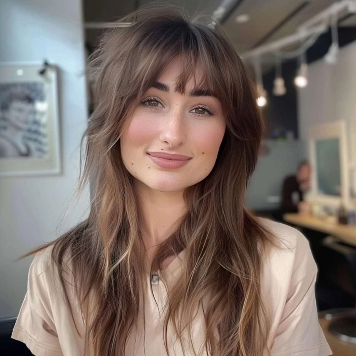 Textured Long layers with asymmetrical bangs