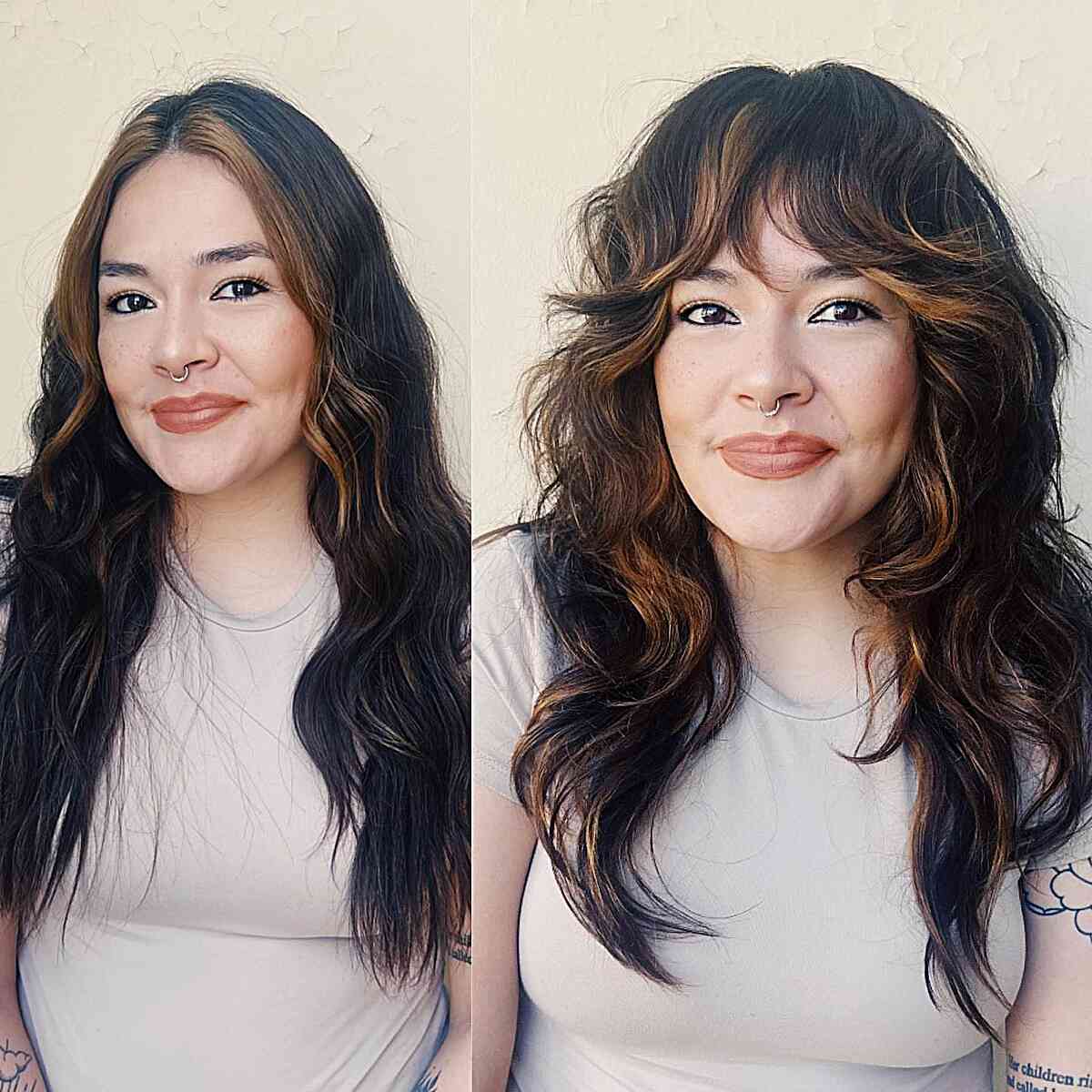 Textured Long Layers with Fringe for thick highlighted hair