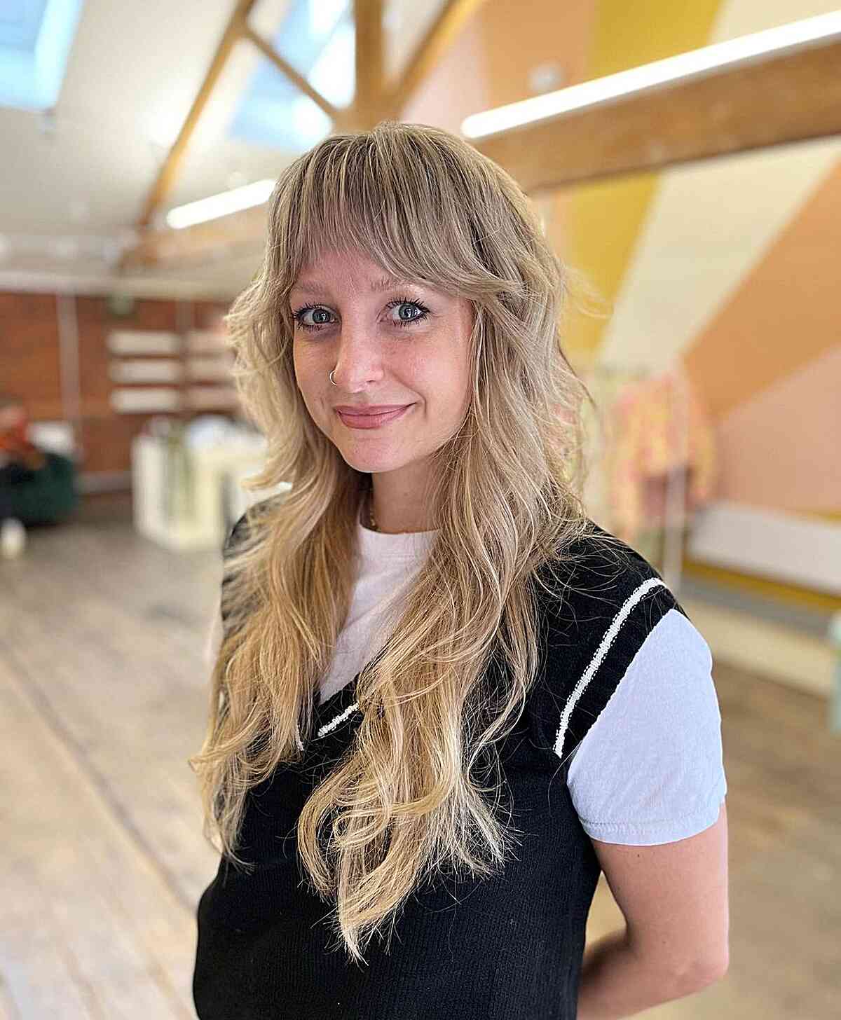 Textured Long Waves with Layered Shag and Soft Bangs for Women Over 40