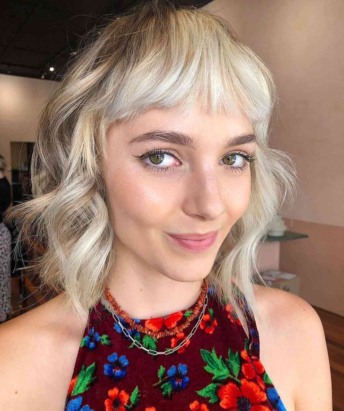 Textured Long Wavy Bob with Stylish Short Bangs