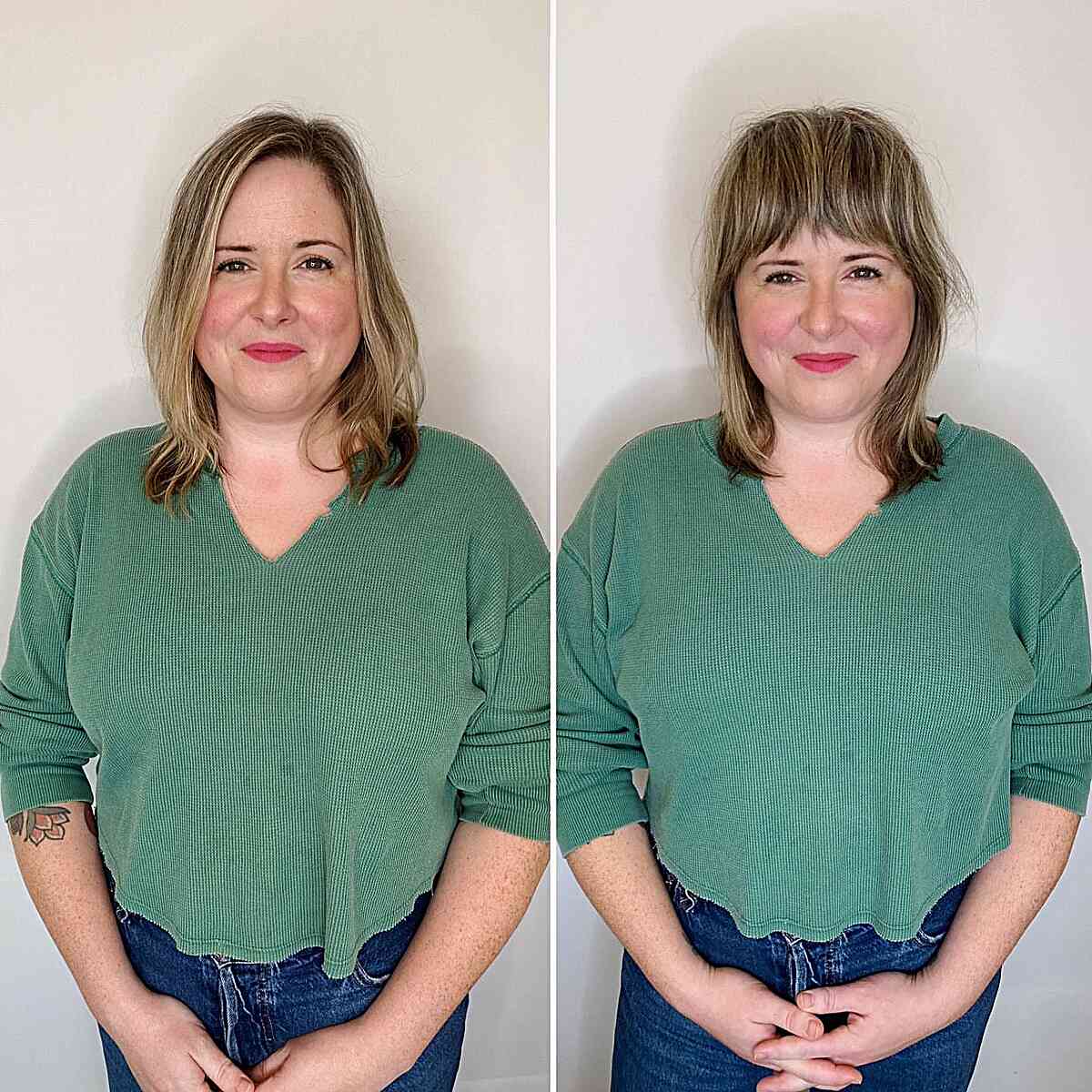 Collarbone-length textured Shag with bottleneck bangs for women aged 40