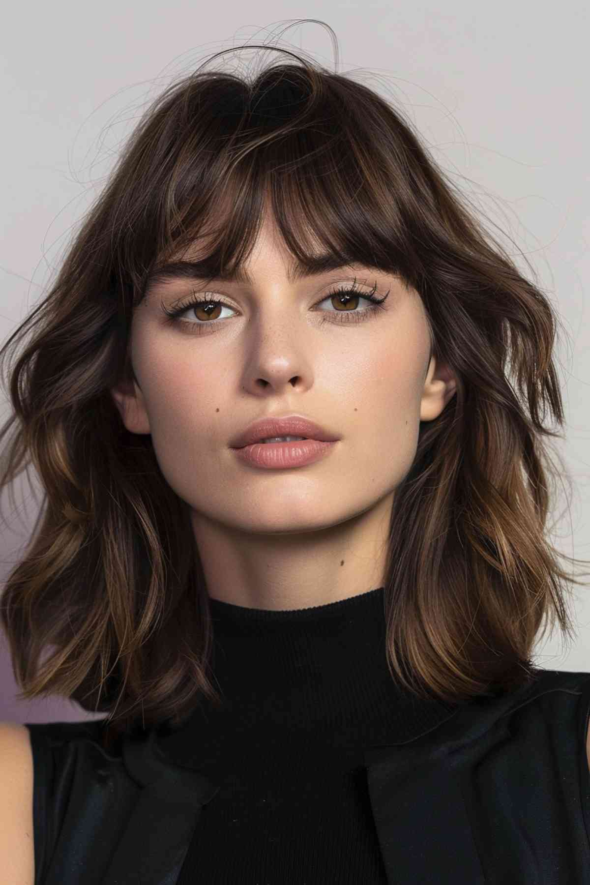 Textured mid-length lob featuring curtain bangs hairstyle