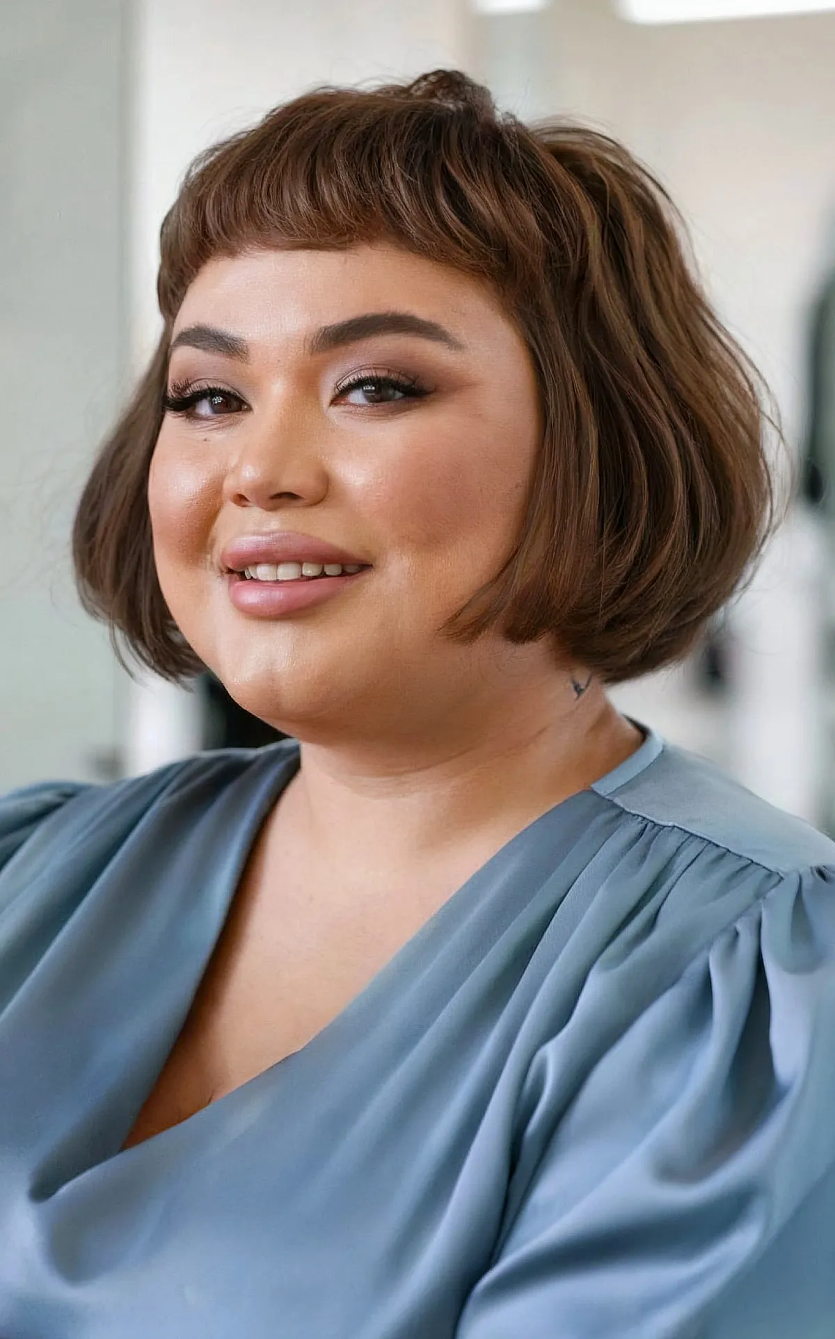 Textured Mini Jaw-Length Bob and Short Fringe for Ladies with Full-shaped Faces