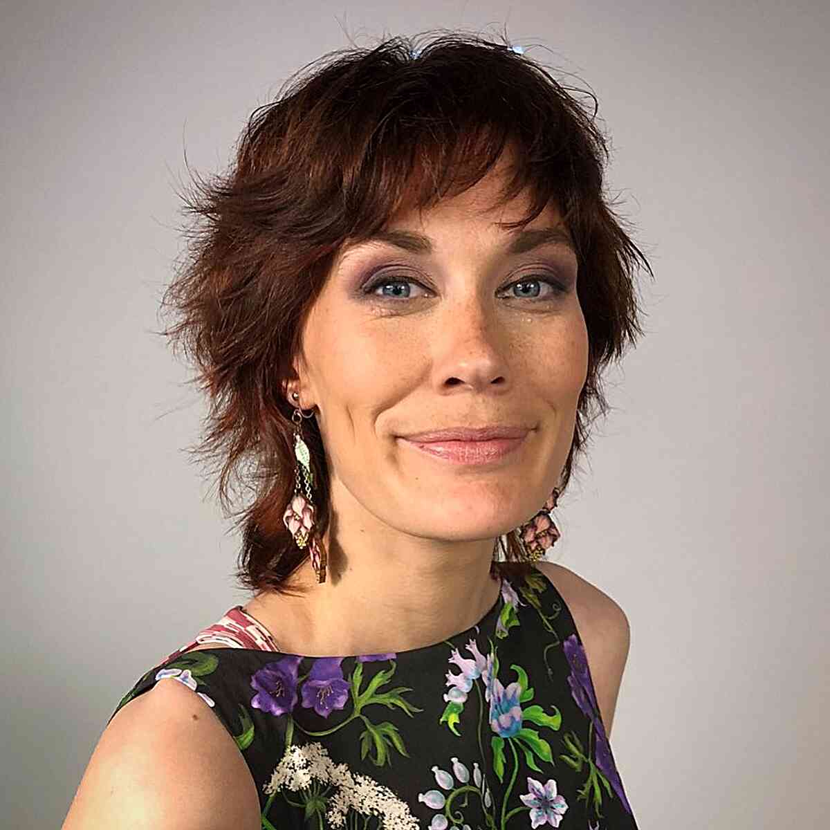 Wash-and-Wear Short Textured Mullet with Flowing Bangs for Ladies Over 50 and Up