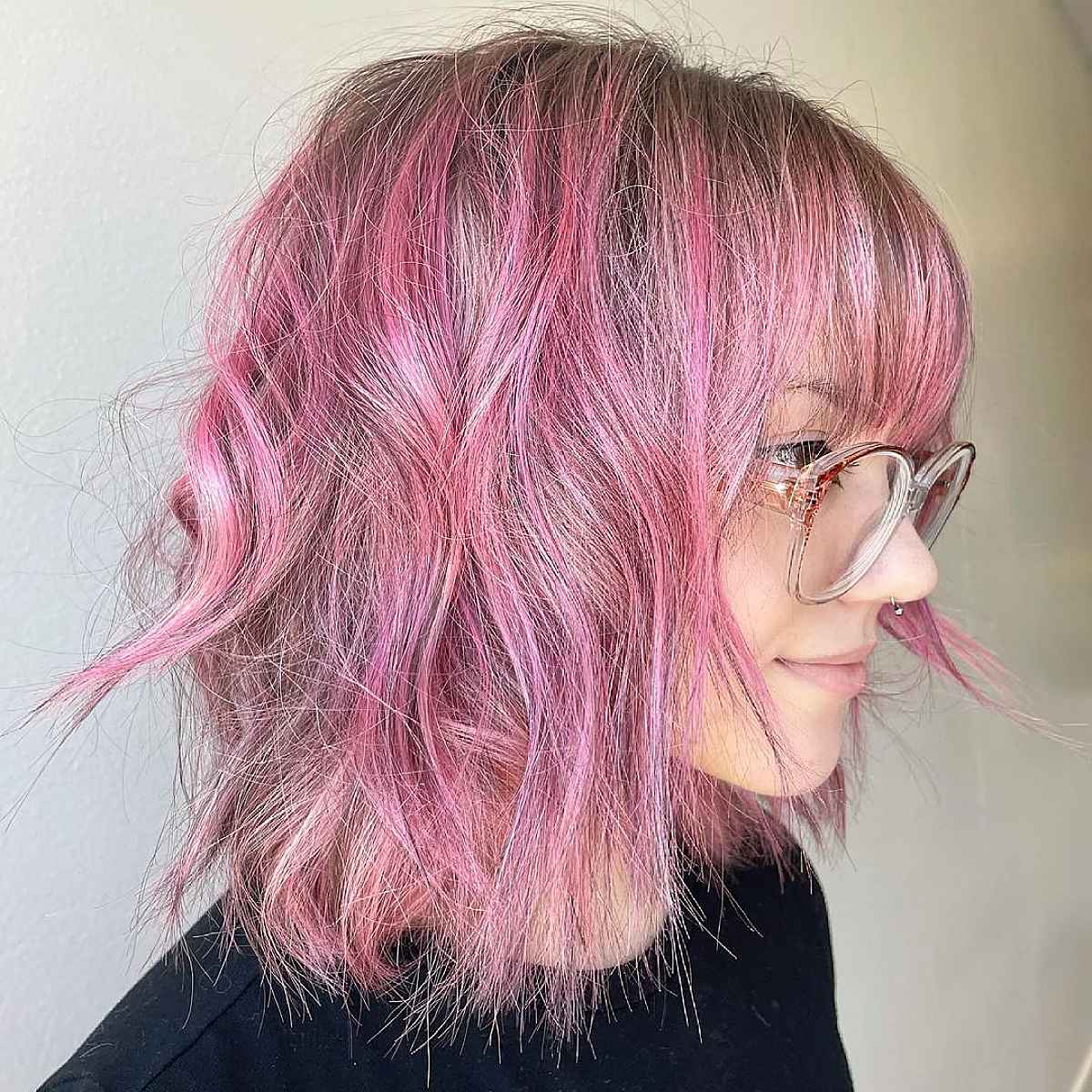 Textured Pink Lob with Layers and Fringe