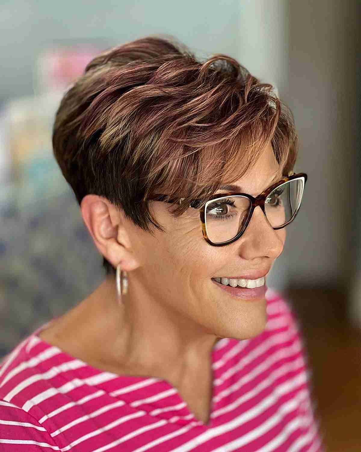 Textured Pixie Cut featuring Warm Brown Highlights