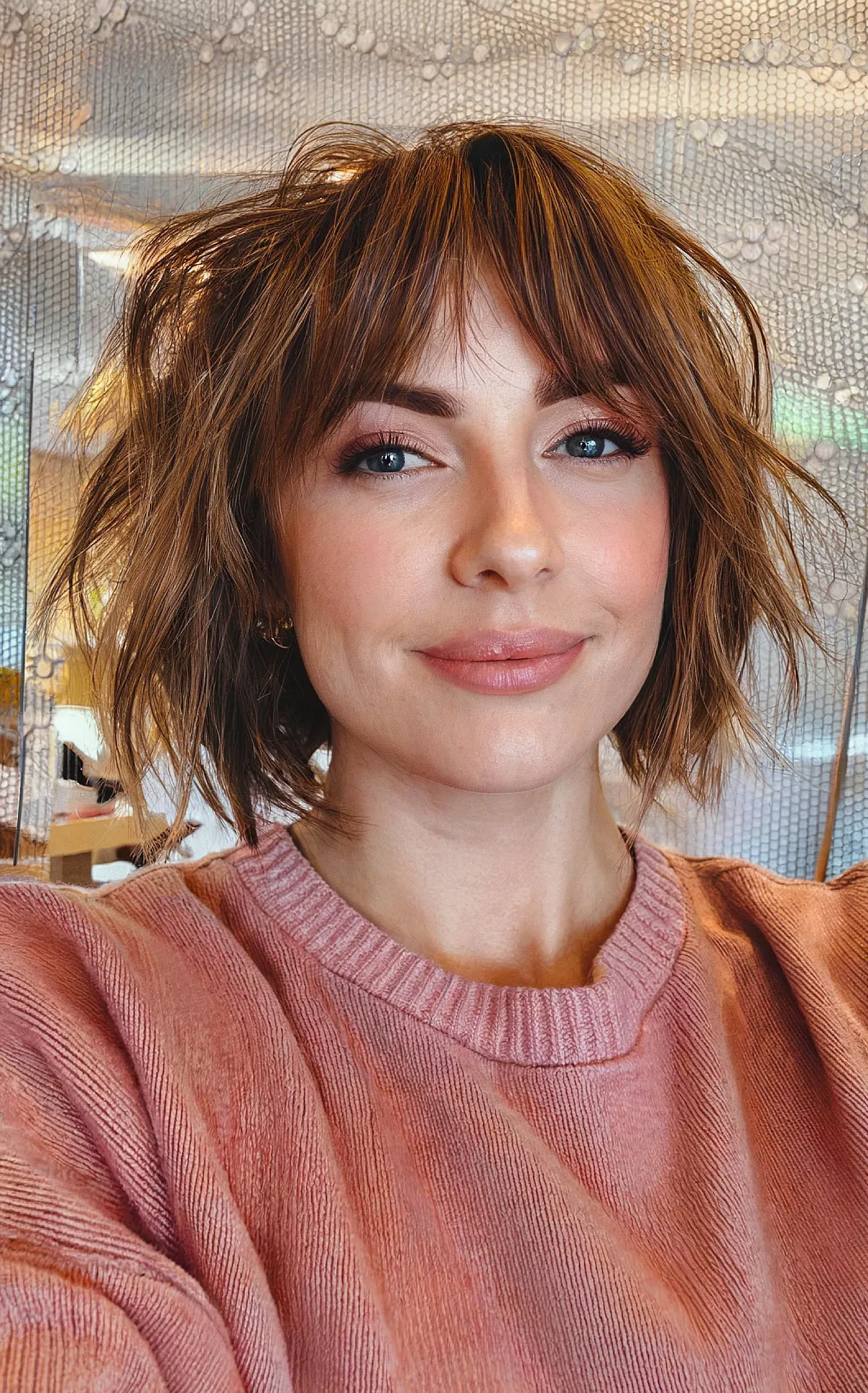 Chin-Grazing Textured Razor Cut Shaggy Bob with Curtain Bangs