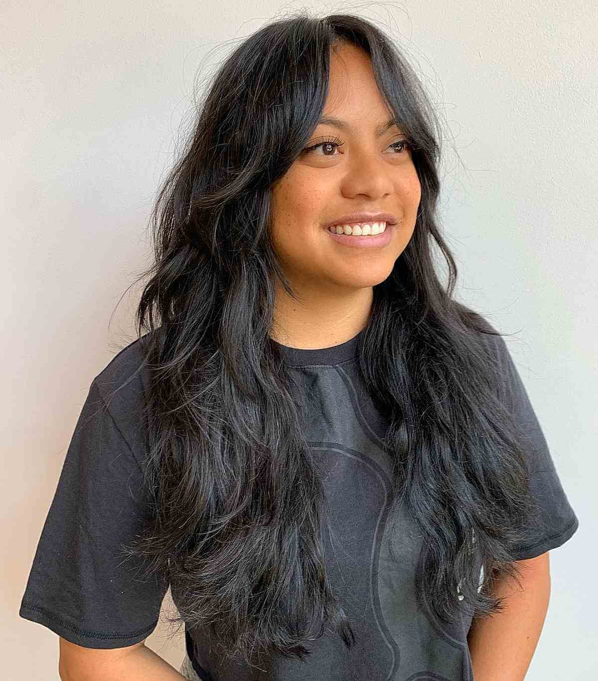 Long Textured Shag with Layers and Curtain Bangs