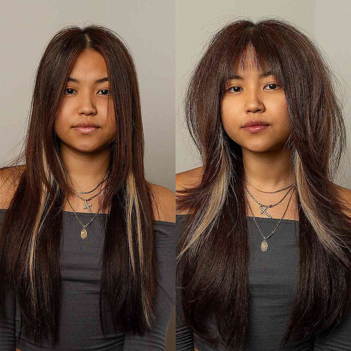 Long Textured Shag with Subtle Peekaboo Highlights for Thick Hair